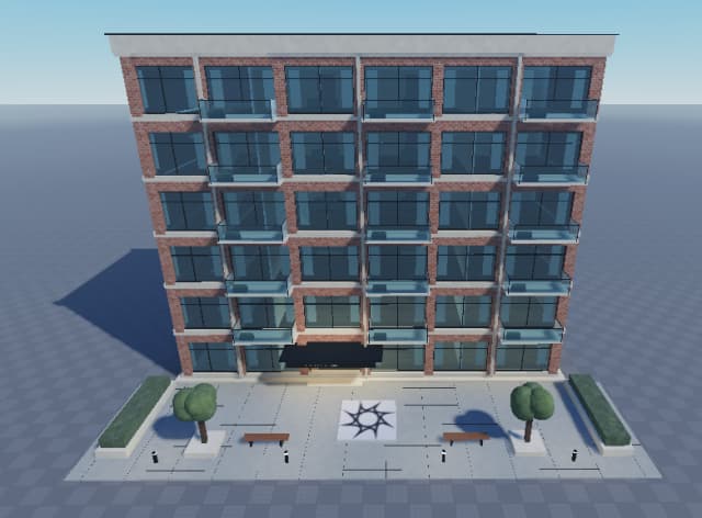 A detailed brick building with glass balconies