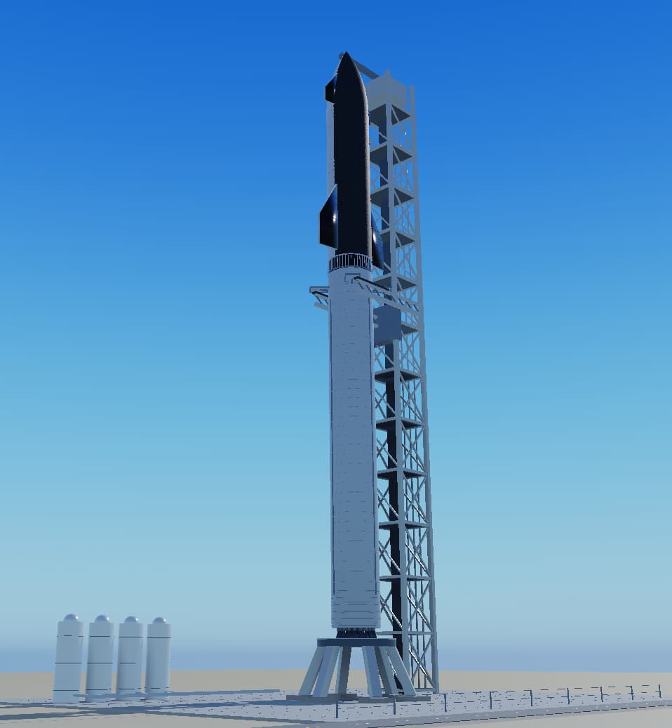 A rocket and launch tower on a launch platform