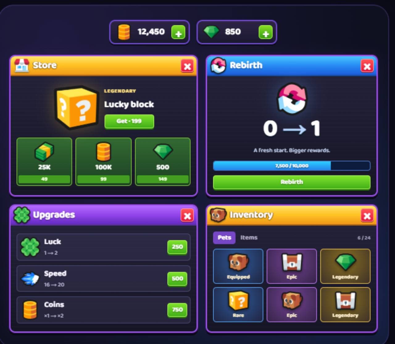 Colorful simulator shop, rebirth, upgrades and inventory interfaces