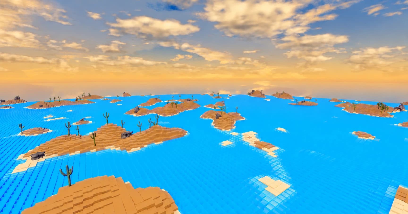 A block-built island world beneath a sunset sky