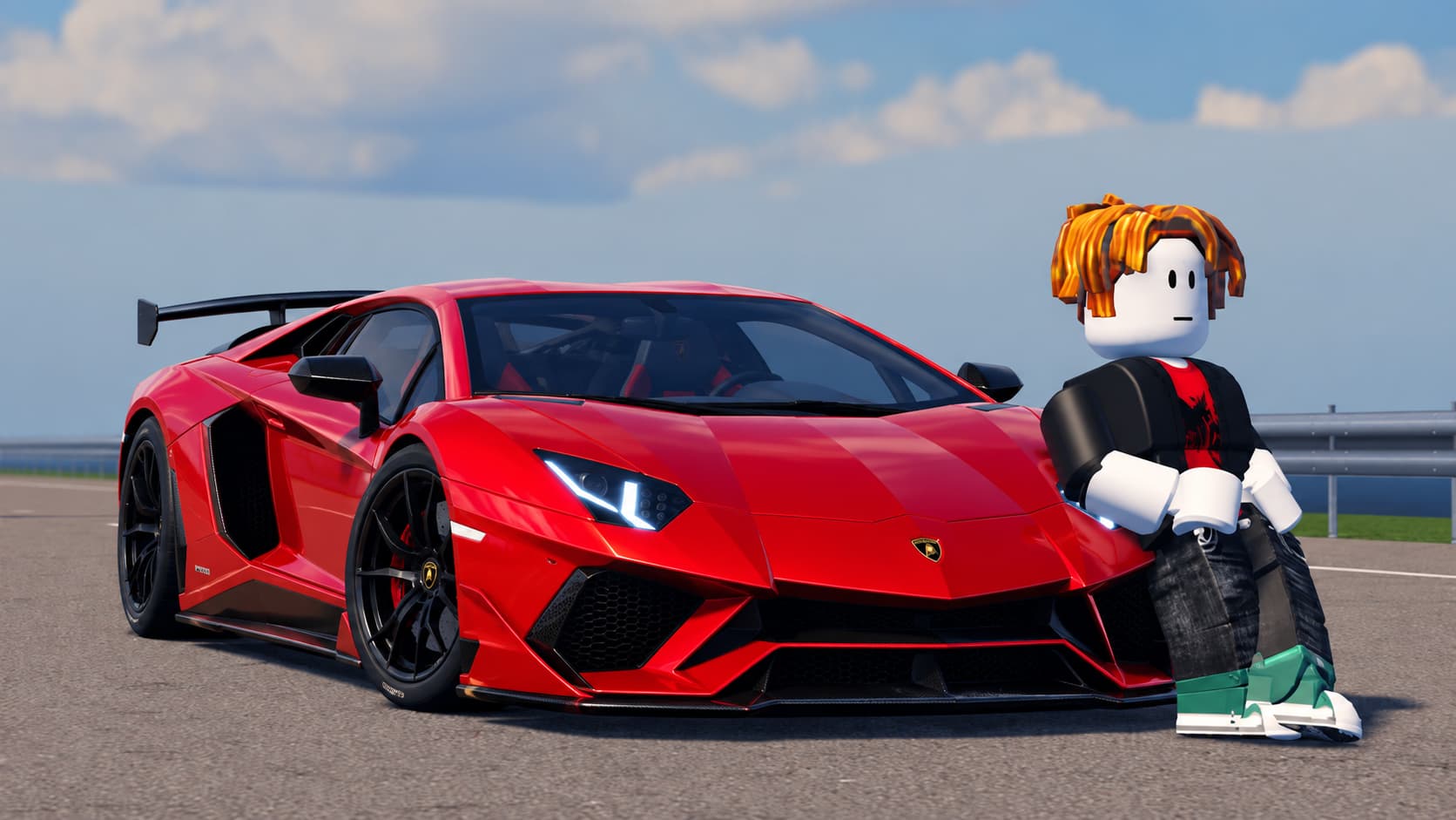 A Roblox character beside a red sports car on a racetrack